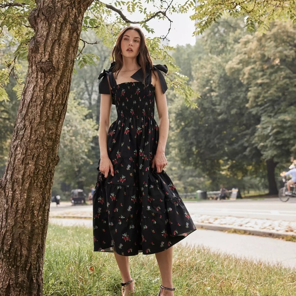 NWT Hill House Ellie Black Tafetta Floral Black Dress XXS